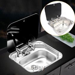 RV Caravan Camper Sink Stainless Steel Hand Wash Basin & Glass Lid & Faucet