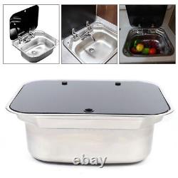 RV Caravan Camper Sink Stainless Steel Hand Wash Basin & Glass Lid & Faucet