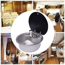 RV Caravan Camper Sink Stainless Steel Hand Wash Basin Sink withGlass Lid & Faucet