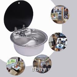 RV Caravan Camper Sink Stainless Steel Hand Wash Basin Sink withGlass Lid & Faucet