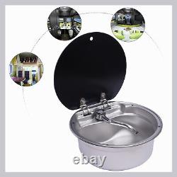 RV Caravan Camper Sink Stainless Steel Hand Wash Basin Sink withGlass Lid & Faucet