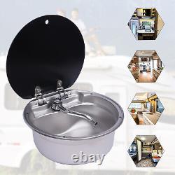 RV Caravan Camper Sink Stainless Steel Hand Wash Basin Sink withGlass Lid & Faucet