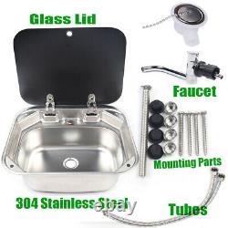 RV Caravan Camper Sink Stainless Steel Hand Wash Basin with Glass Lid & Faucet