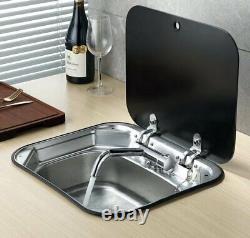 RV Caravan Camper Sink Stainless Steel Hand Wash Basin with Glass Lid & Faucet NEW