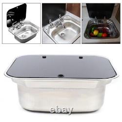 RV Caravan Camper Sink Stainless Steel Hand Wash Basin with Glass Lid & Faucet US