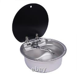RV Caravan Camper Sink Stainless Steel Hand Wash Round Basin + Lid+Faucet