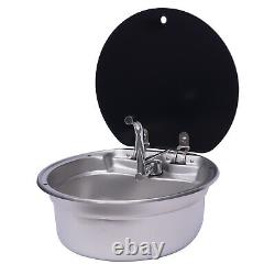 RV Caravan Camper Sink Stainless Steel Hand Wash Round Basin with Lid & Faucet