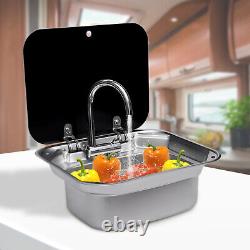 RV Caravan Kitchen Sink Camper Hand Wash Basin Stainless Steel W Lid &Faucet