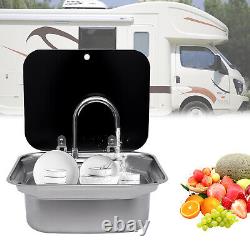 RV Hand Wash Basin Kitchen Sink with Lid&Faucet Caravan Camper Stainless Steel