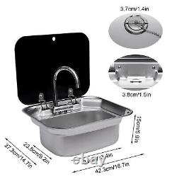 RV Hand Wash Basin Sink Single Bowl + Glass Lid+ Faucet Stainless Steel