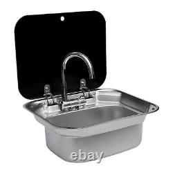 RV Hand Wash Basin Sink Single Bowl + Glass Lid+ Faucet Stainless Steel