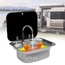 RV Hand Wash Basin Sink Single Bowl Stainless Steel+ Glass Lid+ Faucet
