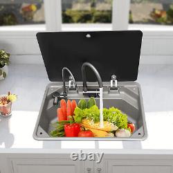 RV Sink with Folded Faucet&Tempered Glass Lid Stainless Steel Hand Wash Basin Sink