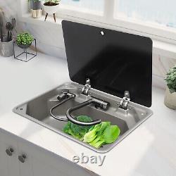 RV Sink with Folded Faucet&Tempered Glass Lid Stainless Steel Hand Wash Basin Sink