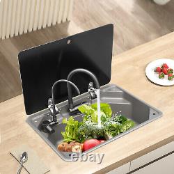 RV Sink with Folded Faucet&Tempered Glass Lid Stainless Steel Hand Wash Basin Sink