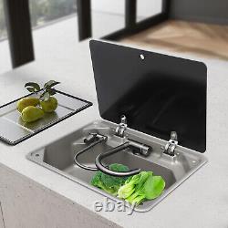 RV Sink with Folded Faucet&Tempered Glass Lid Stainless Steel Hand Wash Basin Sink