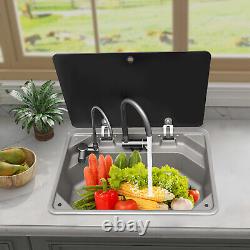 RV Sink with Folded Faucet&Tempered Glass Lid Stainless Steel Hand Wash Basin Sink