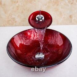 Red Glass Wash Basin Bowl Combo Vessel Sink Waterfall Mixer Faucet Tap Drain Set