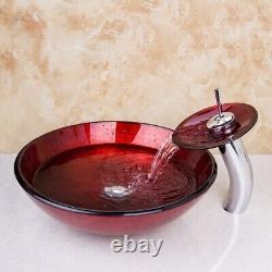 Red Glass Wash Basin Bowl Combo Vessel Sink Waterfall Mixer Faucet Tap Drain Set