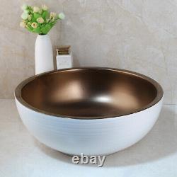 Round Bathroom Ceramic Vessel Sink Wash Basin White & Brown With Waste Pop Drain