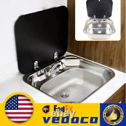 Stainless Steel Inset Hand Wash Basin RV Caravan Camper Sink with Glass Lid&Faucet