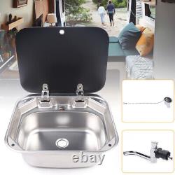 Stainless Steel Inset Hand Wash Basin RV Caravan Camper Sink with Glass Lid&Faucet