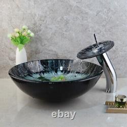 Tempered Glass Hand Painted Bathroom Sink Wash Basin Chrome Mixer Taps Combo