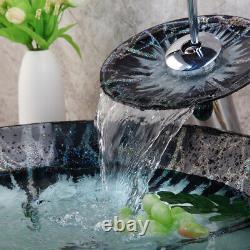 Tempered Glass Hand Painted Bathroom Sink Wash Basin Chrome Mixer Taps Combo