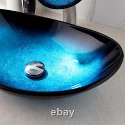 US 14 Bathroom Vessel Sink Blue Tempered Glass Wash Basin Mixer Tap With Drain