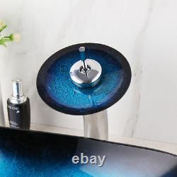 US 14 Bathroom Vessel Sink Blue Tempered Glass Wash Basin Mixer Tap With Drain
