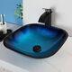Us Bathroom Vessel Sink Square Blue Tempered Glass Basin Washing Bowl With Drain