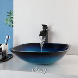 US Bathroom Vessel Sink Square Blue Tempered Glass Basin Washing Bowl With Drain
