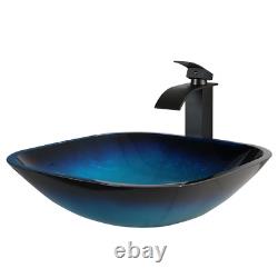 US Bathroom Vessel Sink Square Blue Tempered Glass Basin Washing Bowl With Drain
