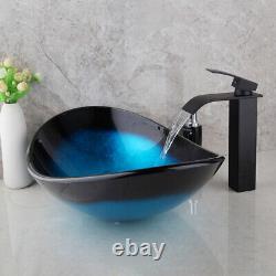 US Black Mixer Faucet Blue Hotel Wash Basin Tempered Glass Vessel Sink Combo Set