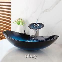 US Blue Bathroom Oval Vessel Sink Tempered Glass Washing Bowl Waterfall Tap Set