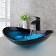 Us Blue Bathroom Sink Oval Tempered Glass Wash Bowl Mixer Faucet Taps Deck Mount