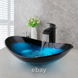 US Blue Bathroom Sink Oval Tempered Glass Wash Bowl Mixer Faucet Taps Deck Mount
