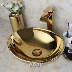 US Gold Bathroom Oval Vessel Sink Ceramic Washing Basin Bowl Waterfall Mixer Tap