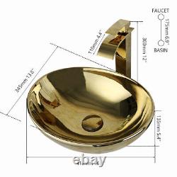 US Gold Bathroom Oval Vessel Sink Ceramic Washing Basin Bowl Waterfall Mixer Tap