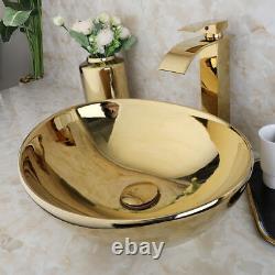 US Gold Bathroom Oval Vessel Sink Ceramic Washing Basin Bowl Waterfall Mixer Tap