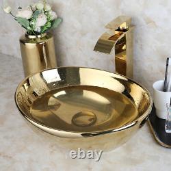 US Gold Bathroom Oval Vessel Sink Ceramic Washing Basin Bowl Waterfall Mixer Tap