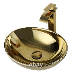 US Gold Bathroom Oval Vessel Sink Ceramic Washing Basin Bowl Waterfall Mixer Tap