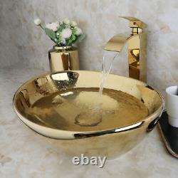 US Gold Bathroom Oval Vessel Sink Ceramic Washing Basin Bowl Waterfall Mixer Tap