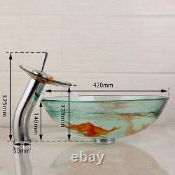 US Goldfish Round Bathroom Vessel Sink Tempered Glass Washing Bowl Mixer Tap Set