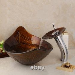 US Leaf Bathroom Vessel Sink Tempered Glass Washing Bowl Waterfall Mixer Faucet
