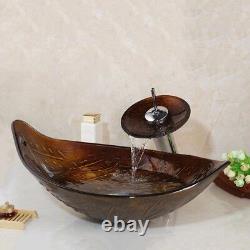 US Leaf Bathroom Vessel Sink Tempered Glass Washing Bowl Waterfall Mixer Faucet