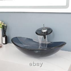 US Oval Bathroom Vessel Sink Tempered Glass Bowl Washing Mixer Faucet Tap Drain