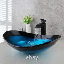 US Oval Glass Wash Basin Bowl Bathroom Vessel Sink Waterfall Mixer Faucet Set