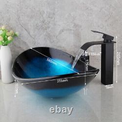 US Oval Glass Wash Basin Bowl Bathroom Vessel Sink Waterfall Mixer Faucet Set