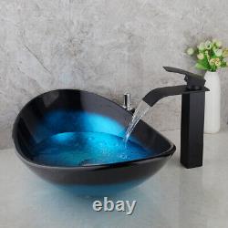 US Oval Glass Wash Basin Bowl Bathroom Vessel Sink Waterfall Mixer Faucet Set